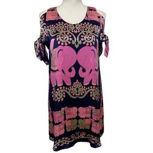 Voom by Joy Han 100% Silk Dress Elephant Print Short Sleeve Multicolor SZ Small